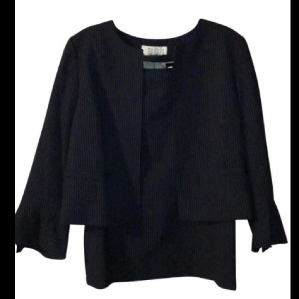 Navy blue with gray pinstripe skirt suit